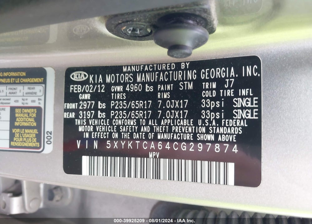 2012 KIA SORENTO LX VIN: 5XYKTCA64CG297874