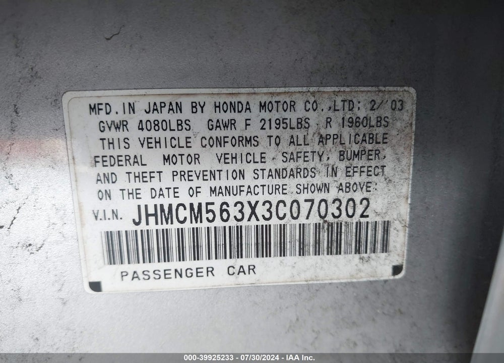 2003 HONDA ACCORD 2.4 LX VIN: JHMCM563X3C070302