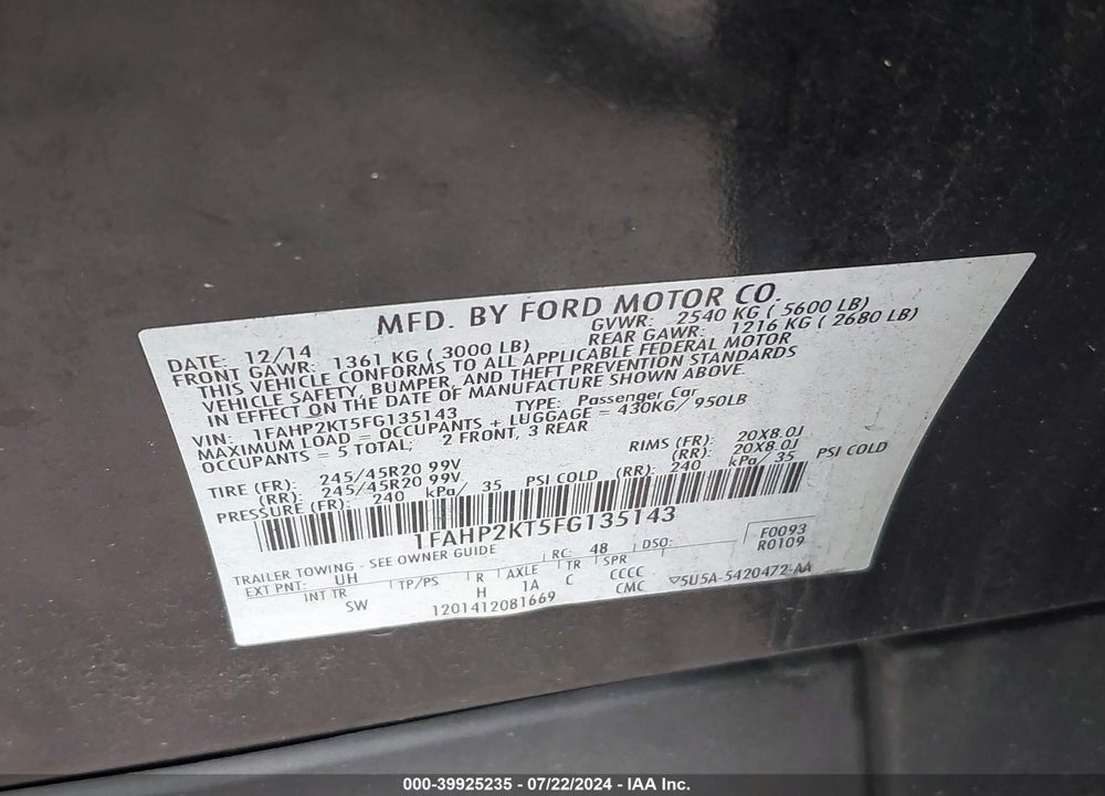 2015 FORD TAURUS SHO VIN: 1FAHP2KT5FG135143