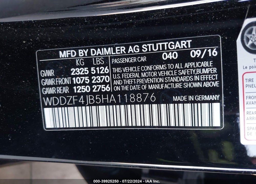 2017 MERCEDES-BENZ E 300 VIN: WDDZF4JB5HA118876