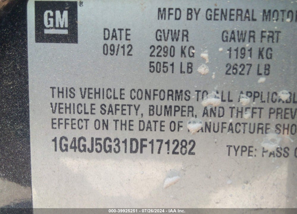 2013 BUICK LACROSSE TOURING GROUP VIN: 1G4GJ5G31DF171282