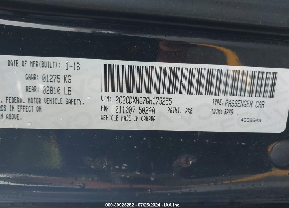 2016 DODGE CHARGER SXT VIN: 2C3CDXHG7GH179255