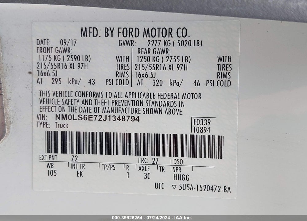 2018 FORD TRANSIT CONNECT XL VIN: NM0LS6E72J1348794