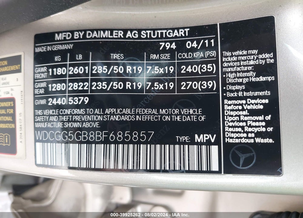 2011 MERCEDES-BENZ GLK 350 VIN: WDCGG5GB8BF685857