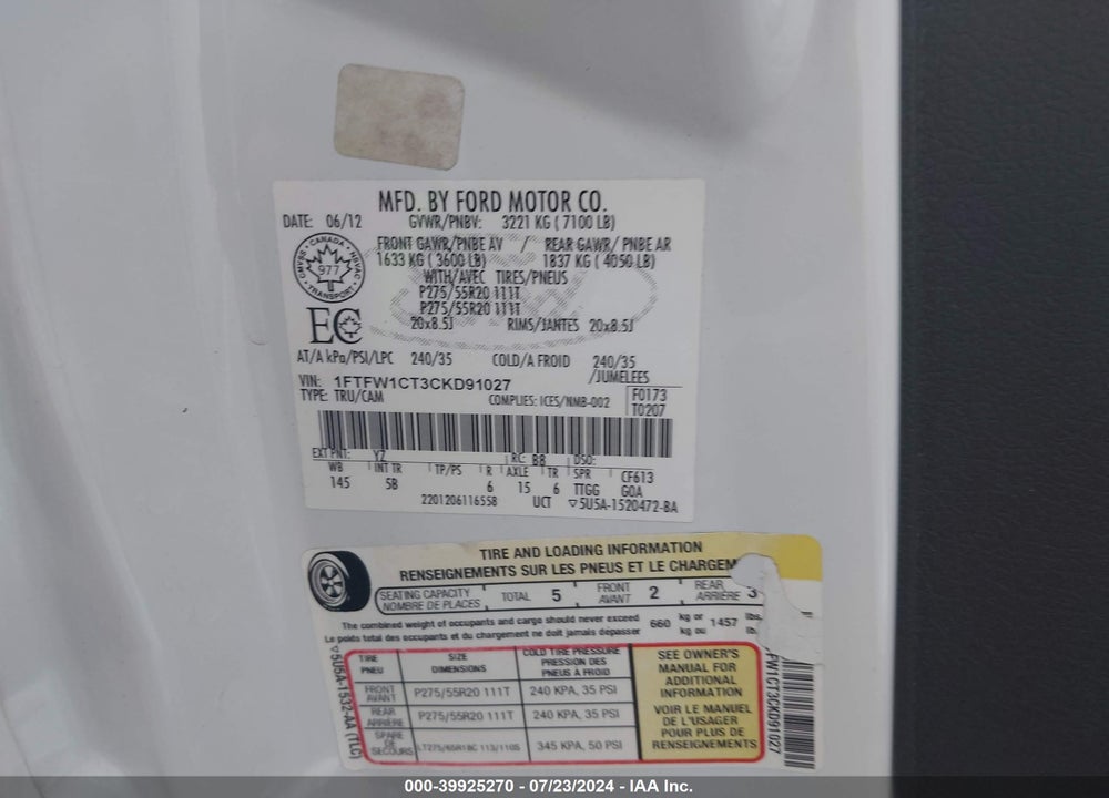 2012 FORD F-150 FX2 VIN: 1FTFW1CT3CKD91027