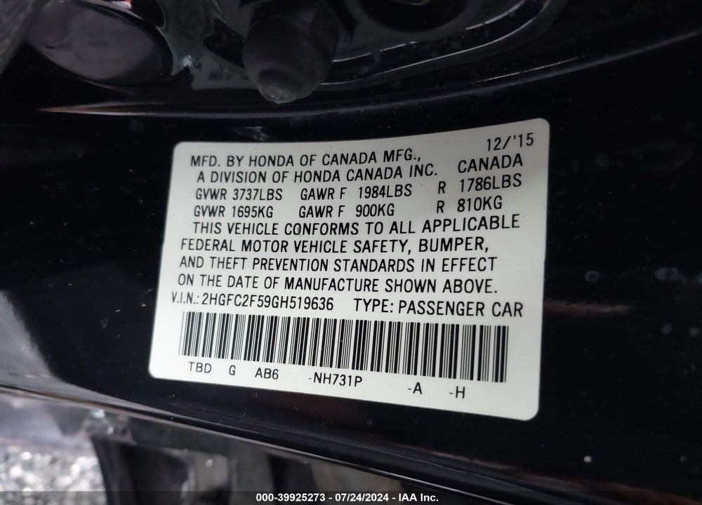 2016 HONDA CIVIC LX VIN: 2HGFC2F59GH519636