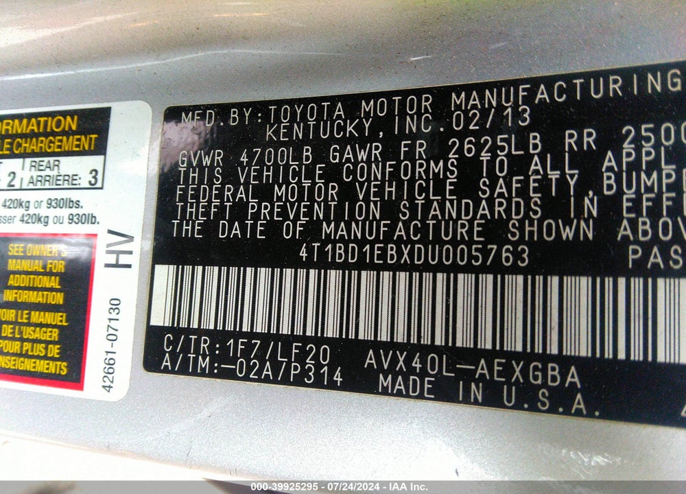 2013 TOYOTA AVALON HYBRID XLE PREMIUM VIN: 4T1BD1EBXDU005763