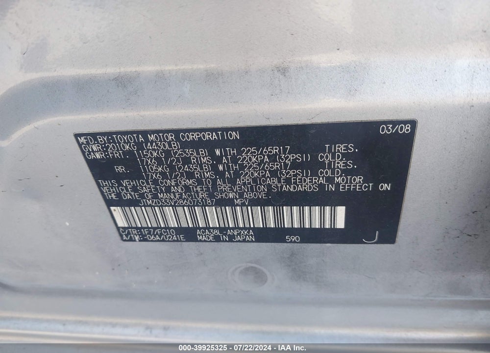 2008 TOYOTA RAV4 VIN: JTMZD33V286073187
