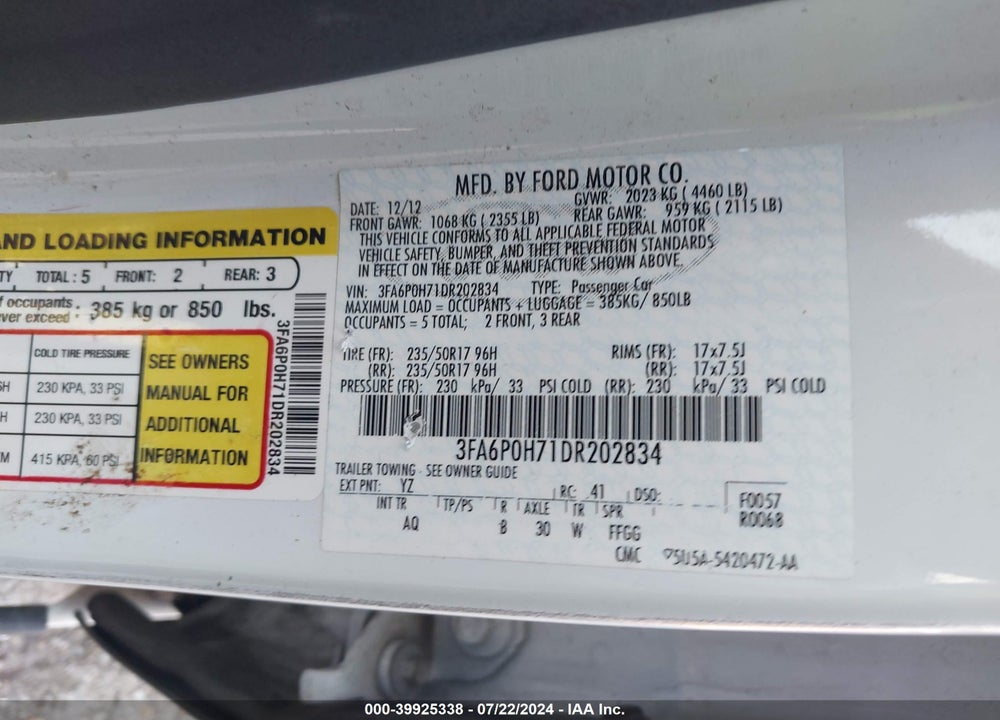 2013 FORD FUSION SE VIN: 3FA6P0H71DR202834