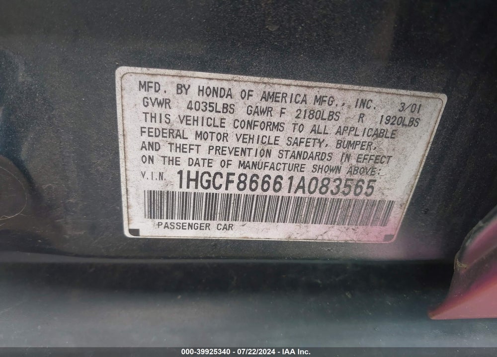 2001 HONDA ACCORD VALUE PACKAGE VIN: 1HGCF86661A083565