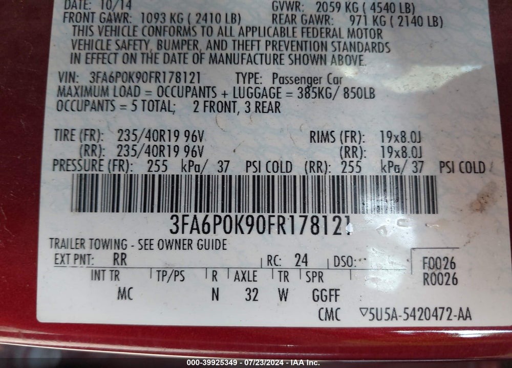2015 FORD FUSION TITANIUM VIN: 3FA6P0K90FR178121