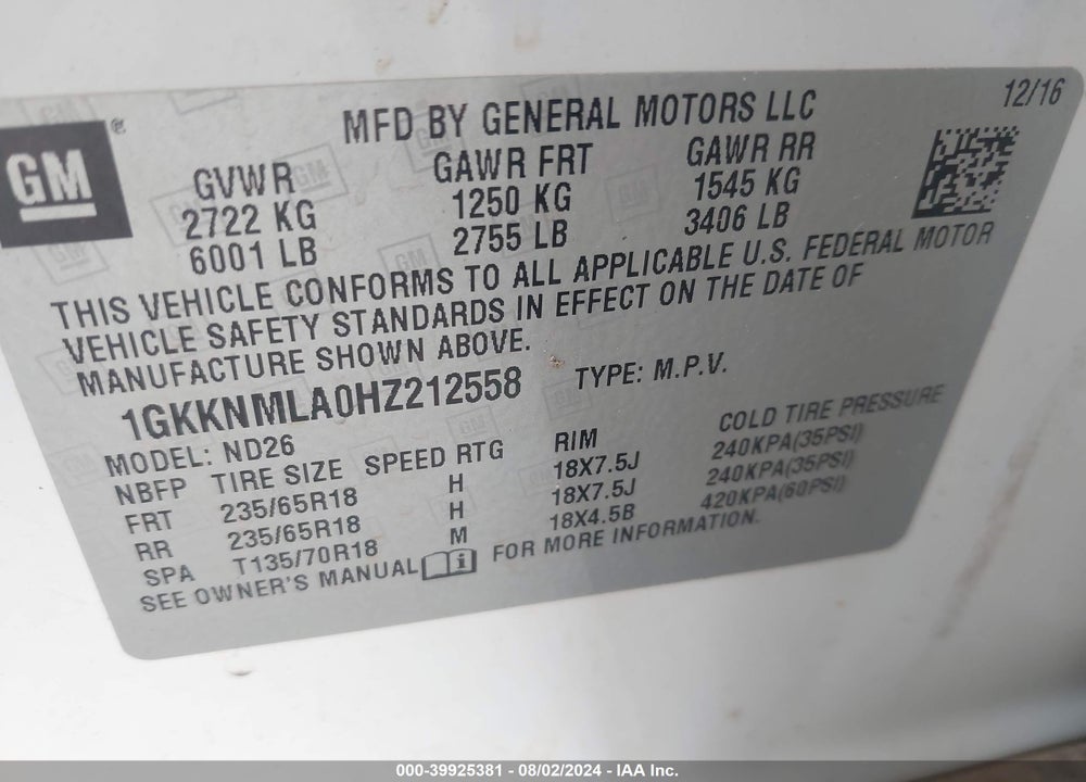 2017 GMC ACADIA VIN: 1GKKNMLA0HZ212558