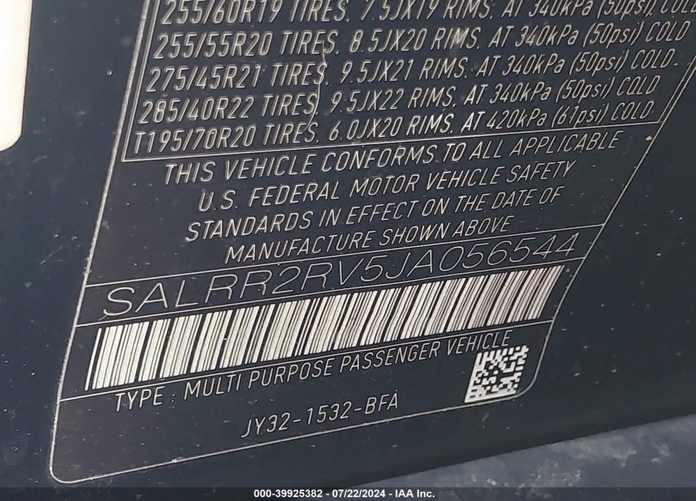 2018 LAND ROVER DISCOVERY HSE VIN: SALRR2RV5JA056544