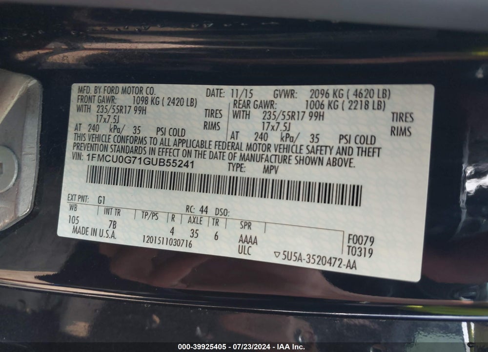 2016 FORD ESCAPE SE VIN: 1FMCU0G71GUB55241