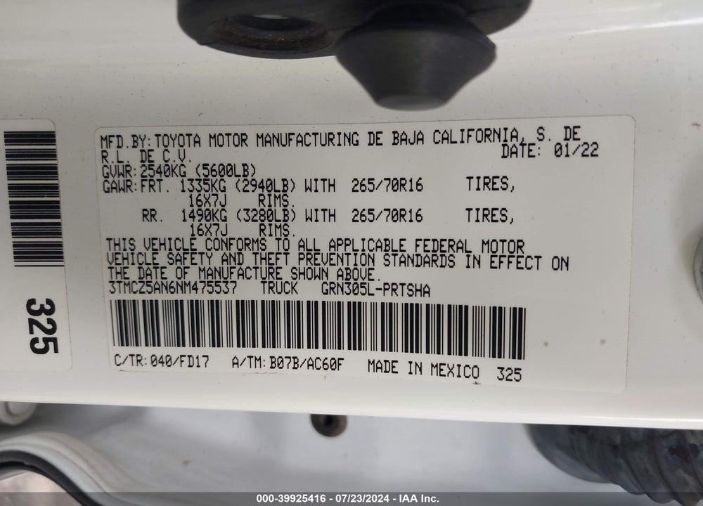 2022 TOYOTA TACOMA 4WD TRD OFF ROAD VIN: 3TMCZ5AN6NM475537