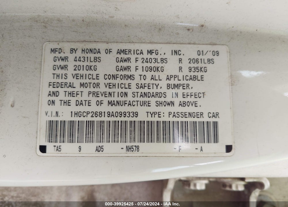 2009 HONDA ACCORD 2.4 EX-L VIN: 1HGCP26819A099339
