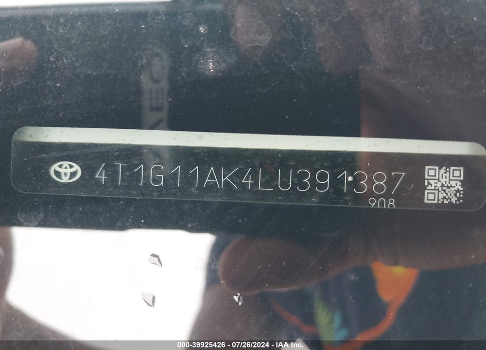 2020 TOYOTA CAMRY VIN: 4T1G11AK4LU391387