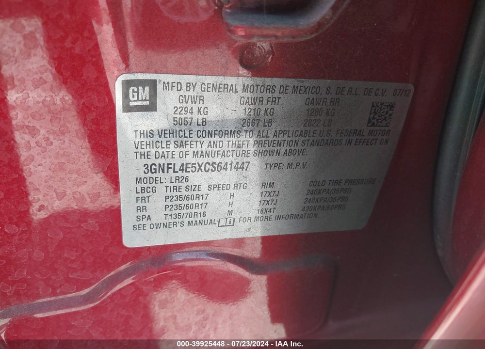 2012 CHEVROLET CAPTIVA SPORT LTZ VIN: 3GNFL4E5XCS641447