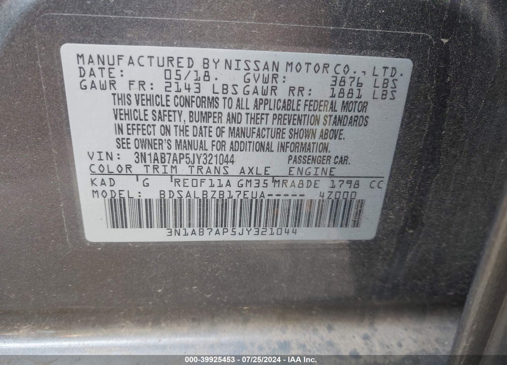 2018 NISSAN SENTRA S VIN: 3N1AB7AP5JY321044