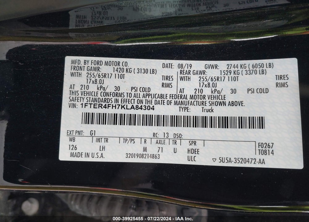 2019 FORD RANGER XLT VIN: 1FTER4FH7KLA84304