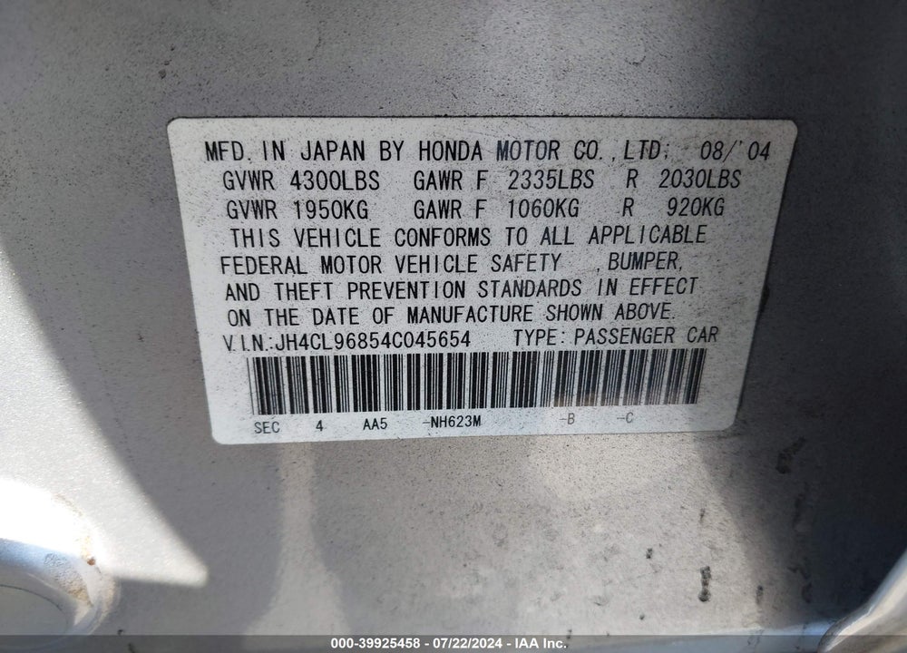 2004 ACURA TSX VIN: JH4CL96854C045654