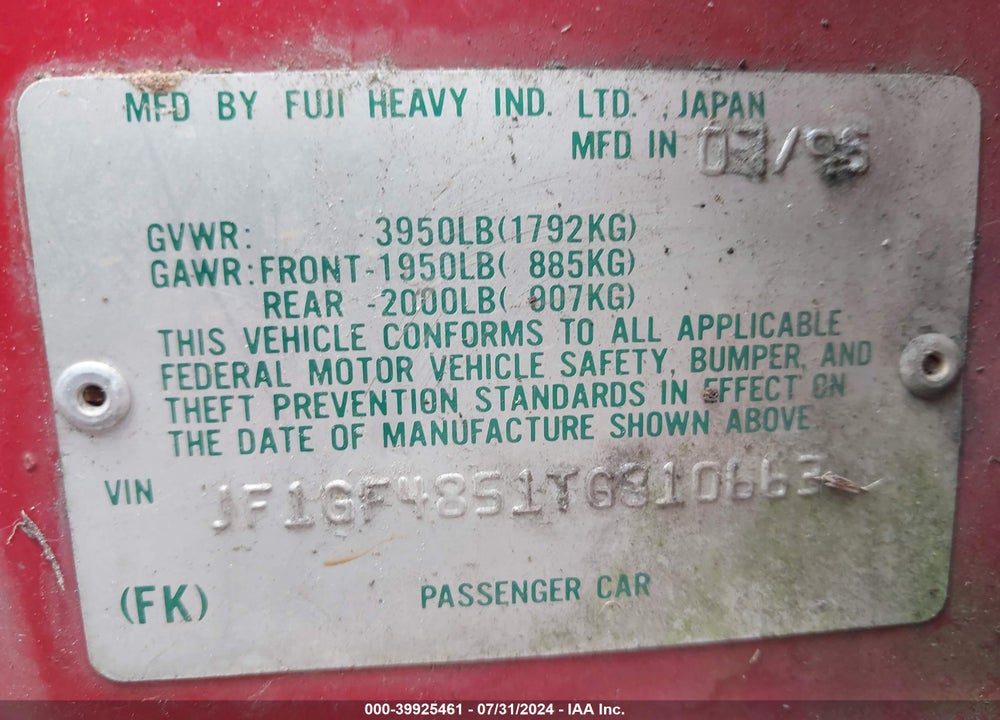 1996 SUBARU IMPREZA OUTBACK VIN: JF1GF4851TG810663