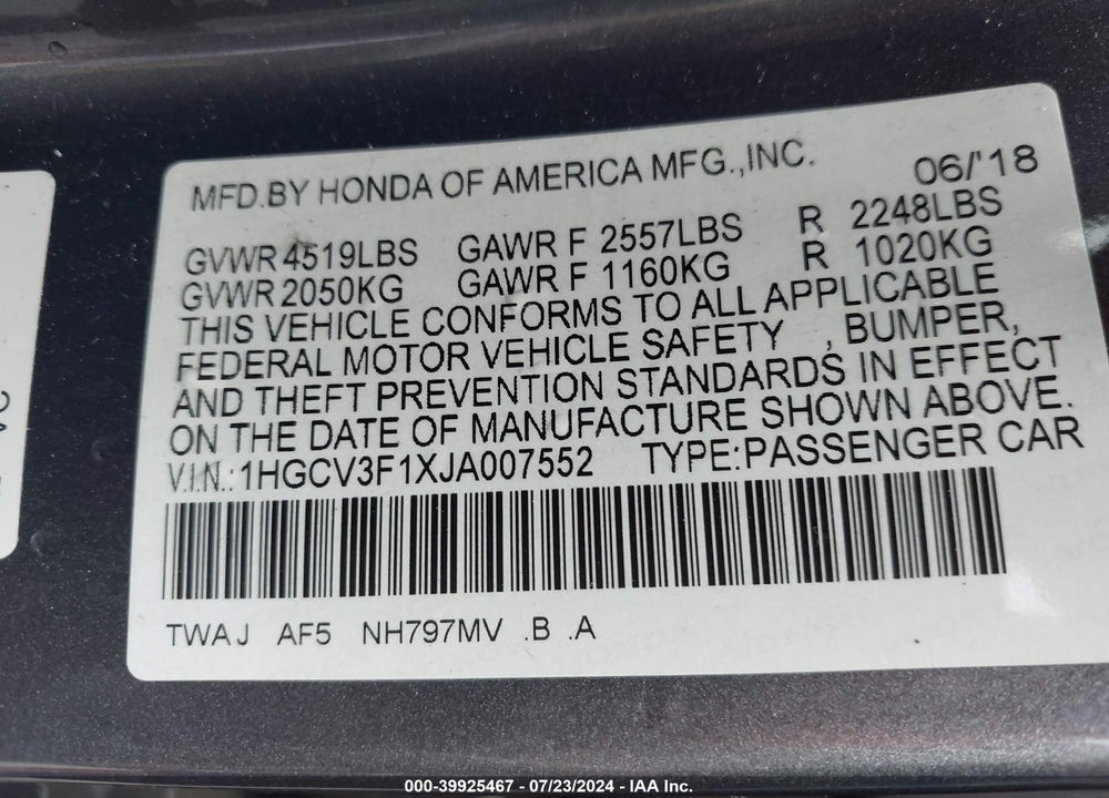 2018 HONDA ACCORD HYBRID VIN: 1HGCV3F1XJA007552