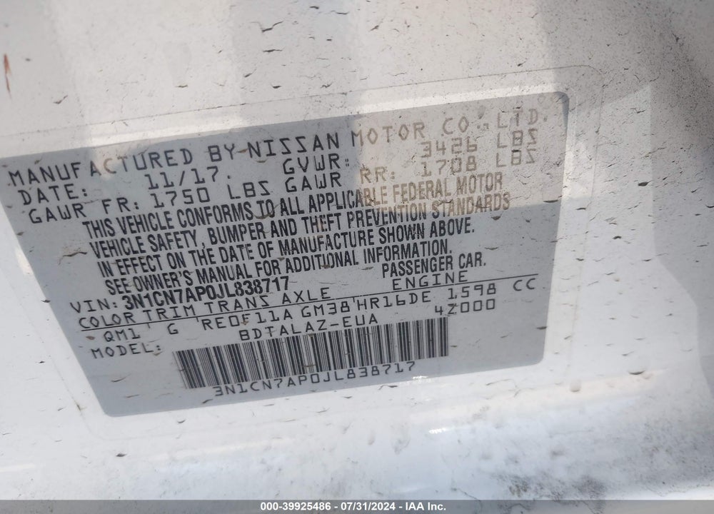 2018 NISSAN VERSA VIN: 3N1CN7AP0JL838717
