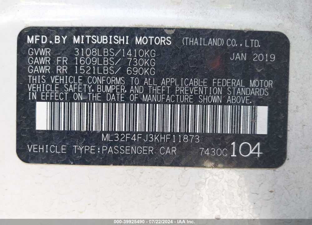 2019 MITSUBISHI MIRAGE G4 SE VIN: ML32F4FJ3KHF11873