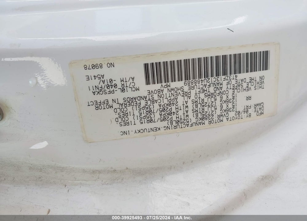 2002 TOYOTA SIENNA LE VIN: 4T3ZF13C12U488889