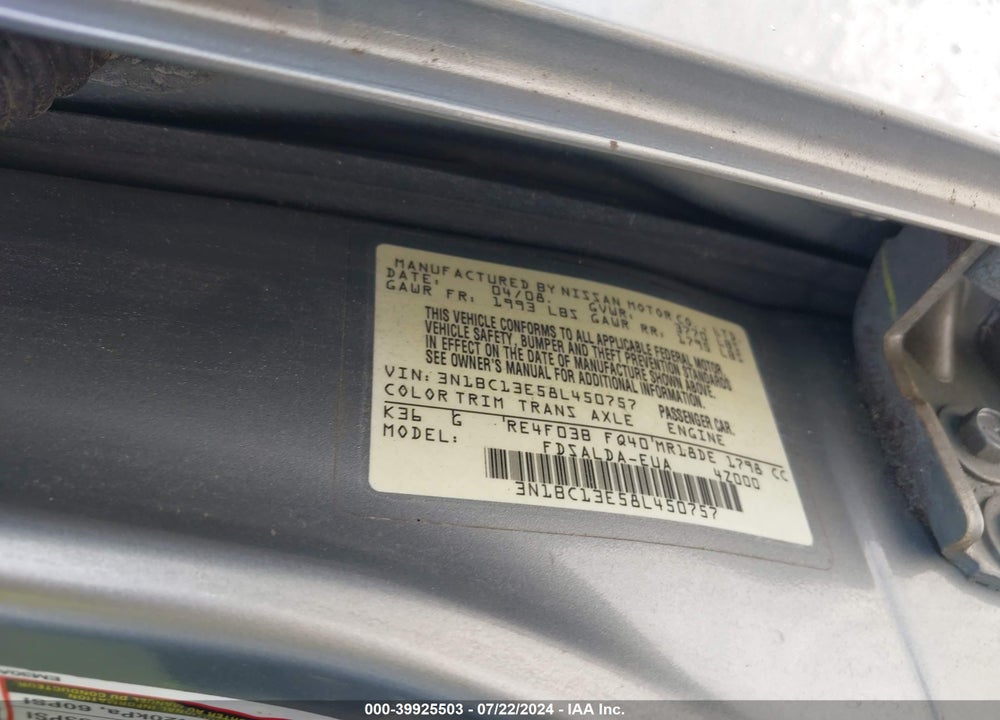 2008 NISSAN VERSA 1.8S VIN: 3N1BC13E58L450757