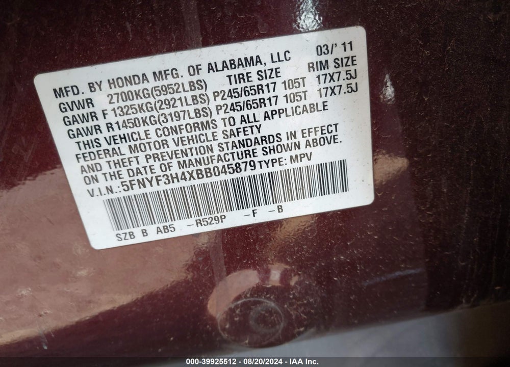 2011 HONDA PILOT EX VIN: 5FNYF3H4XBB045879