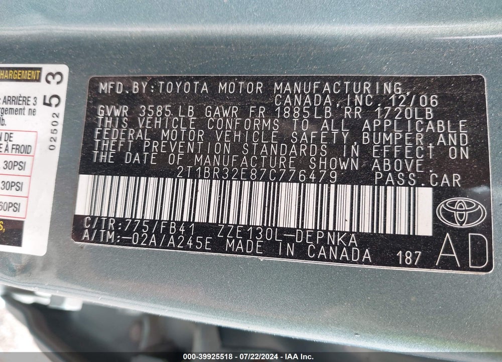 2007 TOYOTA COROLLA LE VIN: 2T1BR32E87C776479