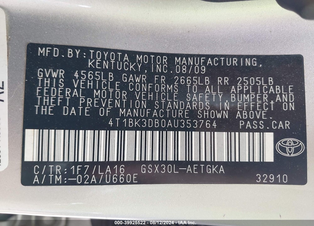 2010 TOYOTA AVALON XLS VIN: 4T1BK3DB0AU353764