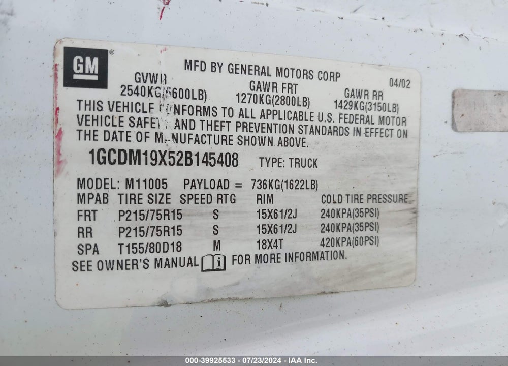 2002 CHEVROLET ASTRO VIN: 1GCDM19X52B145408