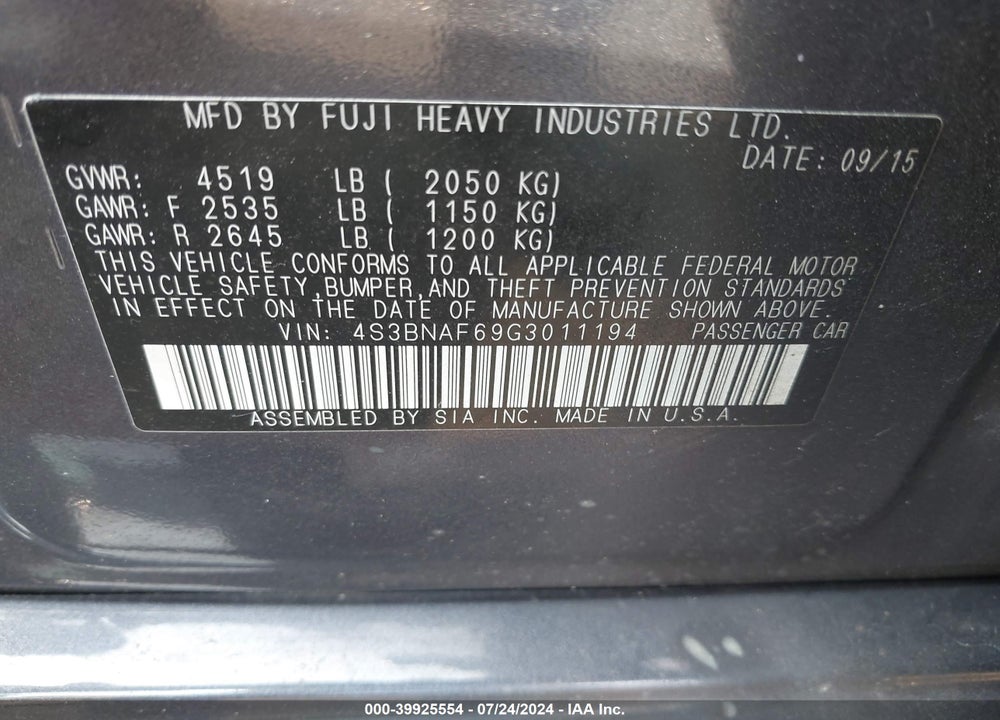 2016 SUBARU LEGACY 2.5I PREMIUM VIN: 4S3BNAF69G3011194