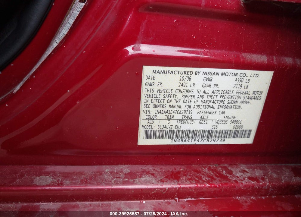 2007 NISSAN MAXIMA 3.5 SE VIN: 1N4BA41E47C829739