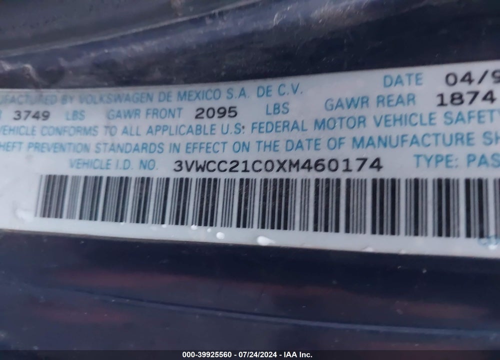 1999 VOLKSWAGEN NEW BEETLE GLS VIN: 3VWCC21C0XM460174
