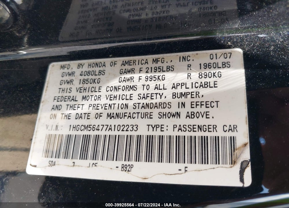 2007 HONDA ACCORD 2.4 LX VIN: 1HGCM56477A102233