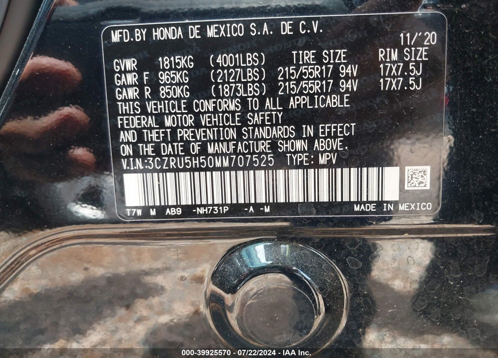2021 HONDA HR-V 2WD EX VIN: 3CZRU5H50MM707525