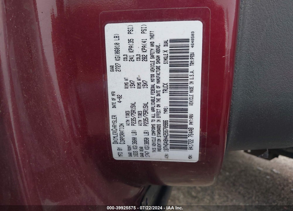 2002 DODGE DAKOTA SLT VIN: 1B7HG48N42S670986