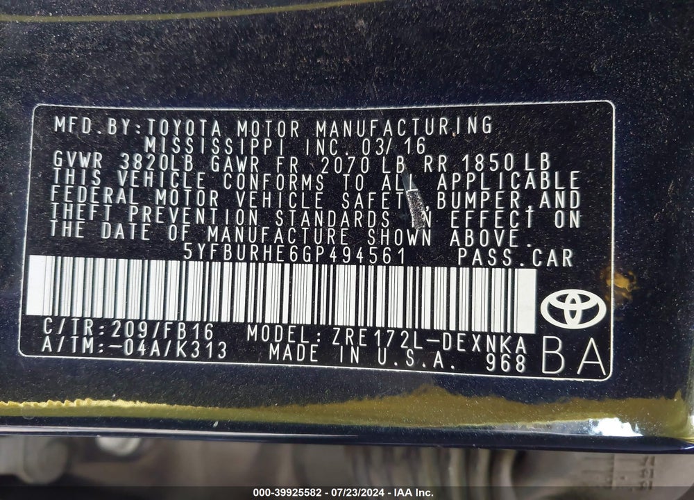 2016 TOYOTA COROLLA LE VIN: 5YFBURHE6GP494561