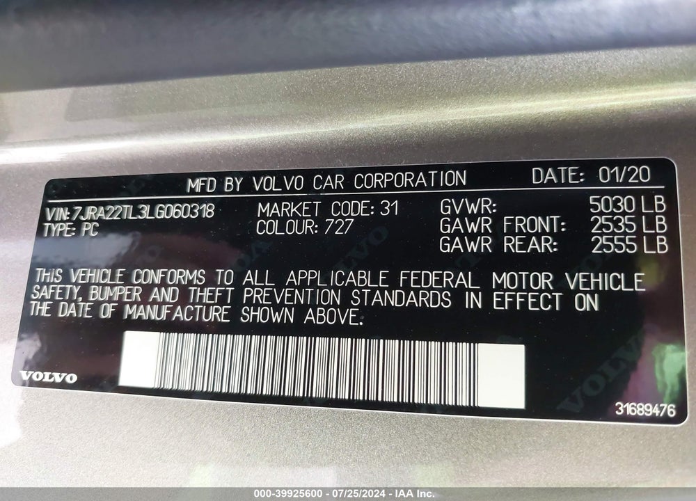 2020 VOLVO S60 VIN: 7JRA22TL3LG060318