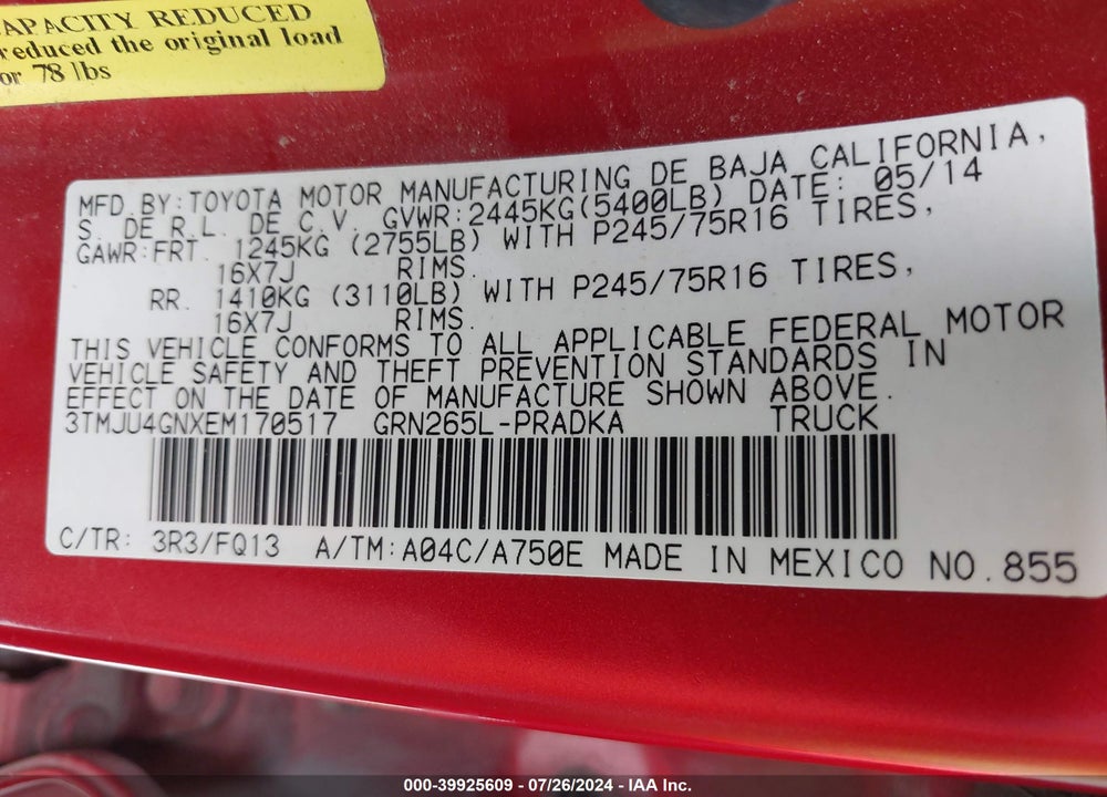 2014 TOYOTA TACOMA PRERUNNER V6 VIN: 3TMJU4GNXEM170517