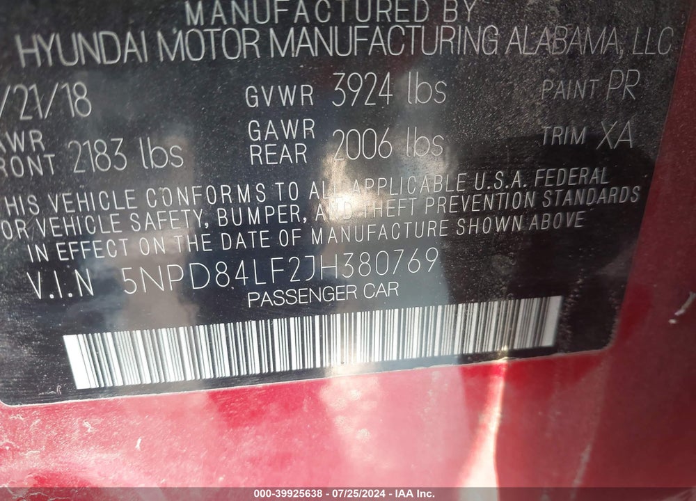 2018 HYUNDAI ELANTRA SEL VIN: 5NPD84LF2JH380769
