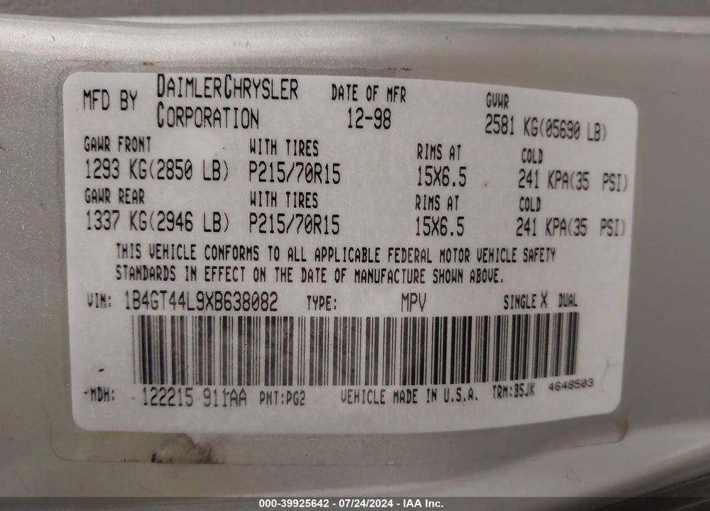 1999 DODGE GRAND CARAVAN SE VIN: 1B4GT44L9XB638082