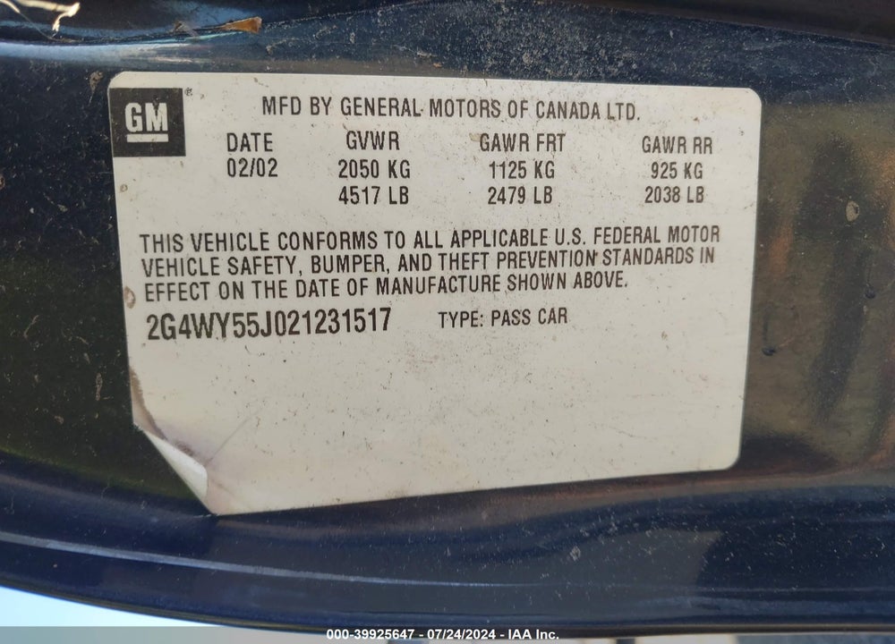 2002 BUICK CENTURY LIMITED VIN: 2G4WY55J021231517