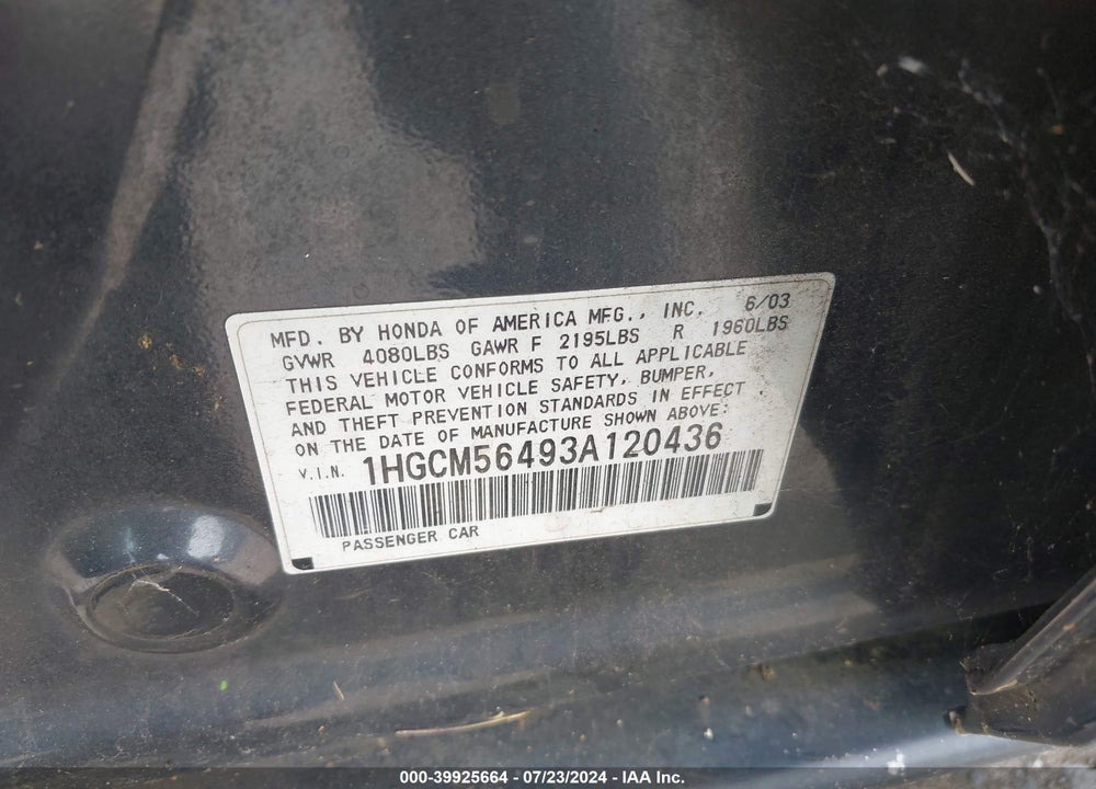 2003 HONDA ACCORD 2.4 LX VIN: 1HGCM56493A120436