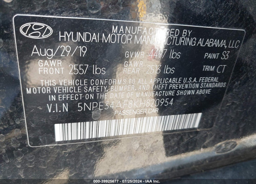 2019 HYUNDAI SONATA SPORT VIN: 5NPE34AF8KH820954