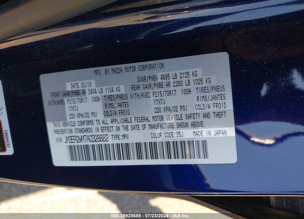 2010 MAZDA CX-7 I SPORT VIN: JM3ER2WM7A0328882